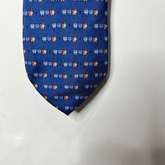 Beaufort Tie Rack Men’s Neck Tie Silk Blue w/ Colorful Trains Long Necktie Italy - Picture 12 of 12